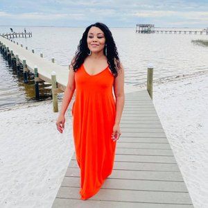 Orange V Neck Maxi Dress with Pockets S-3XL Plus